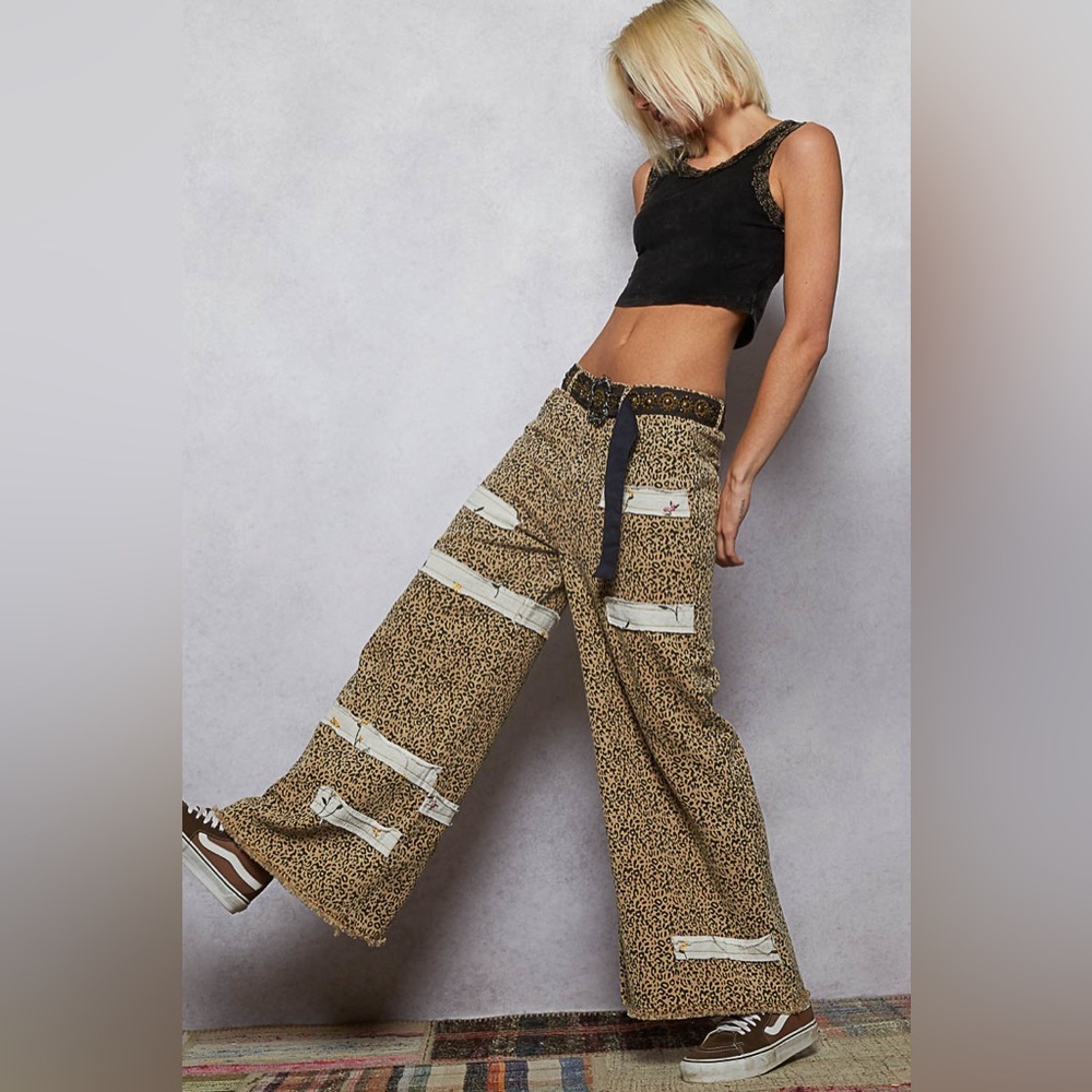 POL “ Studio Stitch “ Wide Leg Patchwork Pants | Leopard